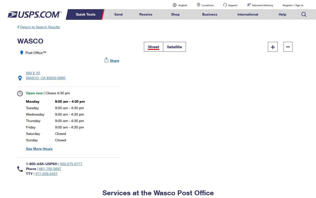 Wasco ZIP code USPS Post Office 93280 result